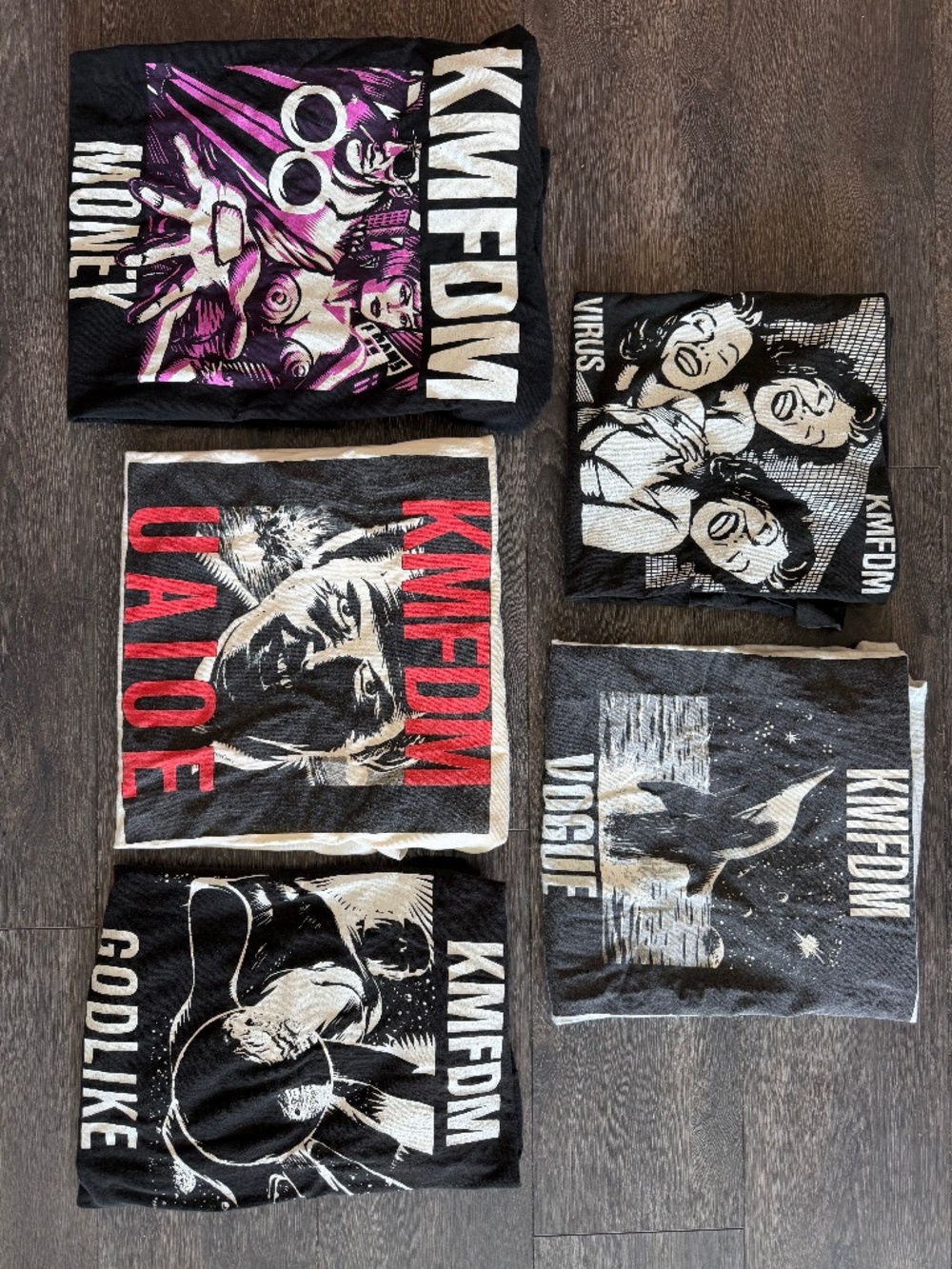90’s Vtg KMFDM Single Stitch XL Shirt Lot; God Like, UAIOE, Money, Vogue, Virus